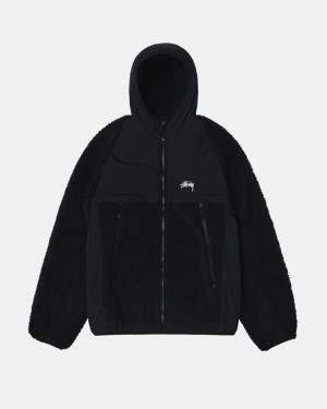 Black Stüssy Sherpa Paneled Hooded Jacket | UAE VRE709651