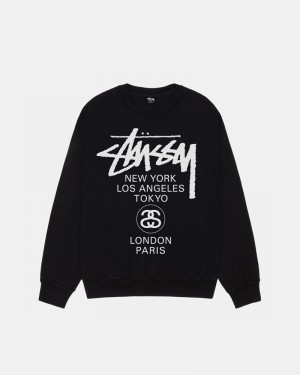 Black Stüssy World Tour Crew Pigment Dyed Sweatshirt | UAE CVF849735