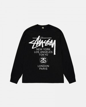 Black Stüssy World Tour LS T-Shirt | UAE BRK170435