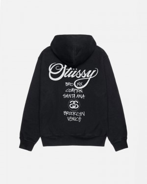 Black Stüssy World Tour Pigment Dyed Hoodie | UAE XUG791086