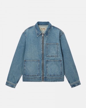 Blue Stüssy Zip Work Denim Jacket | UAE IAF853967