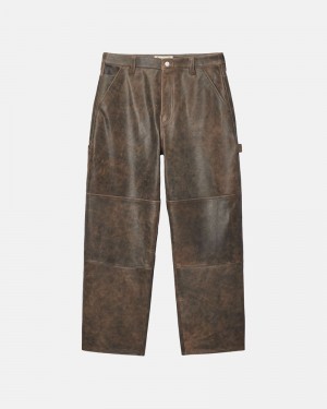 Brown Stüssy Work Distressed Leather Pants | UAE ZML724963