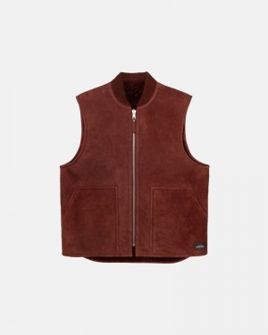 Burgundy Stüssy Reversible Shearling Workgear Vest | UAE LBC093786