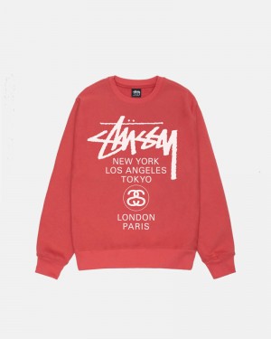 Red Stüssy World Tour Crew Sweatshirt | UAE OBK195208