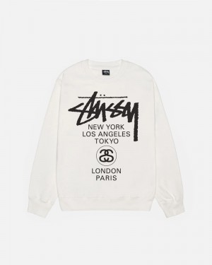 White Stüssy World Tour Crew Pigment Dyed Sweatshirt | UAE WMB374958