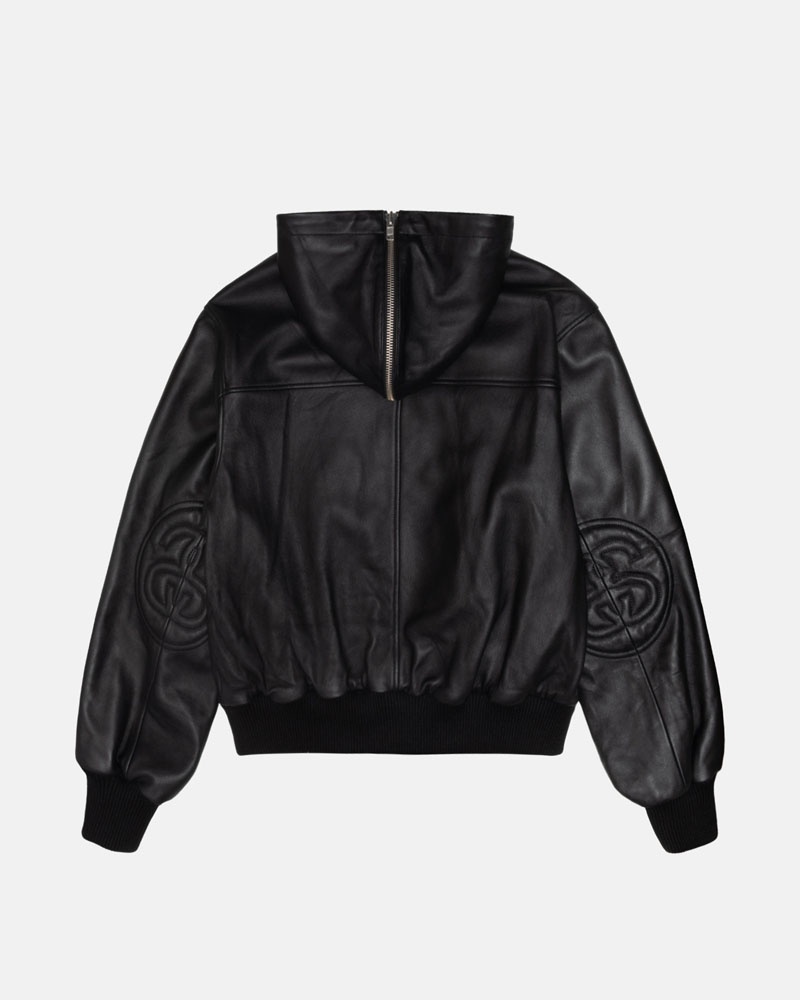 Black Stüssy SS Link Leather Bomber Jacket | UAE KCR076239