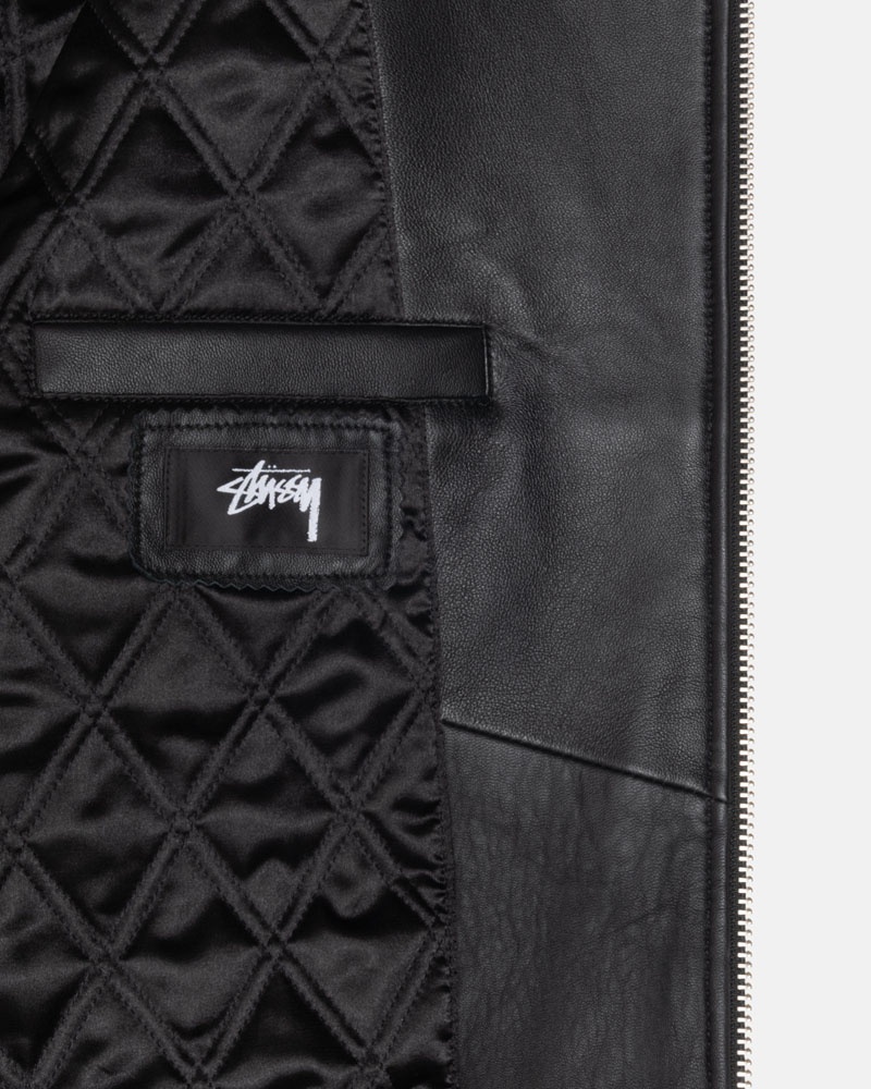 Black Stüssy SS Link Leather Bomber Jacket | UAE KCR076239