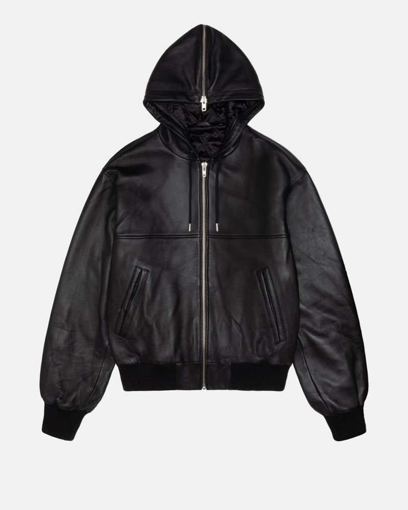 Black Stüssy SS Link Leather Bomber Jacket | UAE KCR076239