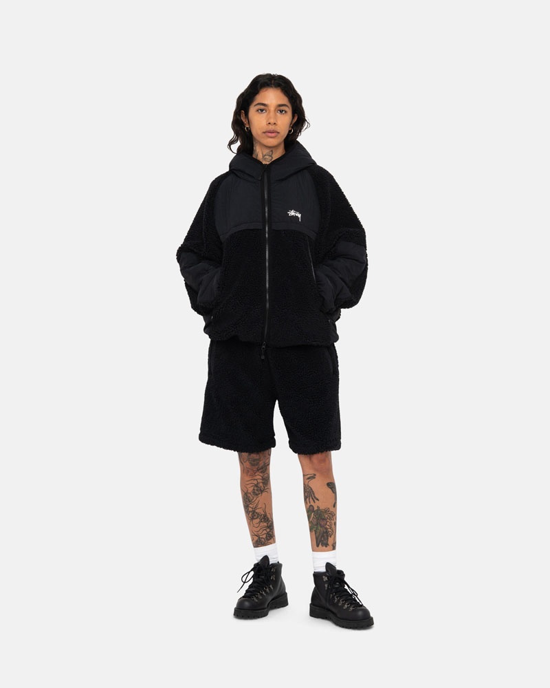 Black Stüssy Sherpa Paneled Hooded Jacket | UAE VRE709651