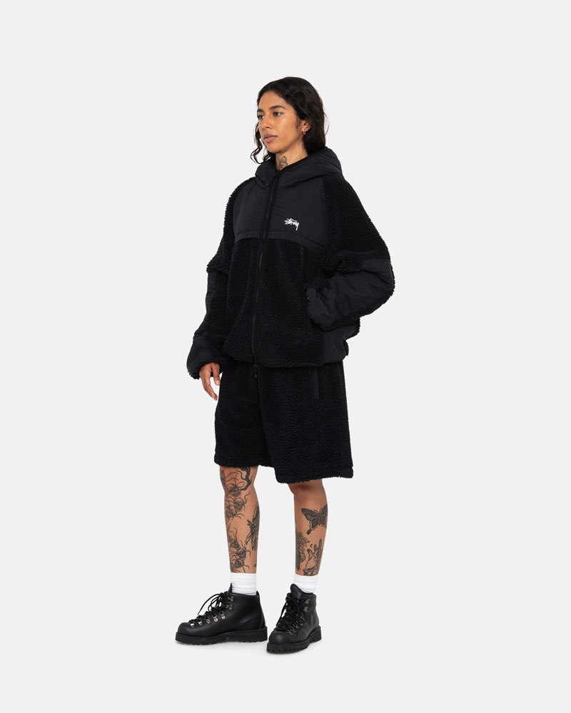 Black Stüssy Sherpa Paneled Hooded Jacket | UAE VRE709651