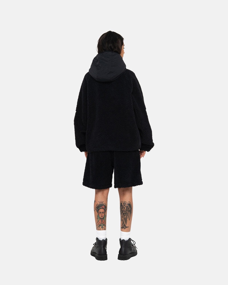 Black Stüssy Sherpa Paneled Hooded Jacket | UAE VRE709651