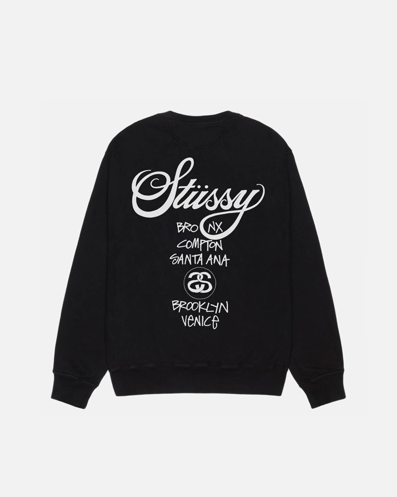 Black Stüssy World Tour Crew Pigment Dyed Sweatshirt | UAE CVF849735