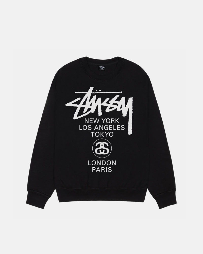 Black Stüssy World Tour Crew Pigment Dyed Sweatshirt | UAE CVF849735