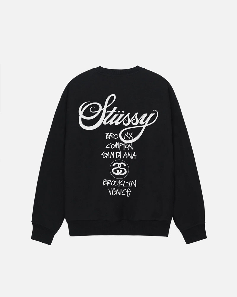 Black Stüssy World Tour Crew Sweatshirt | UAE FLI475036