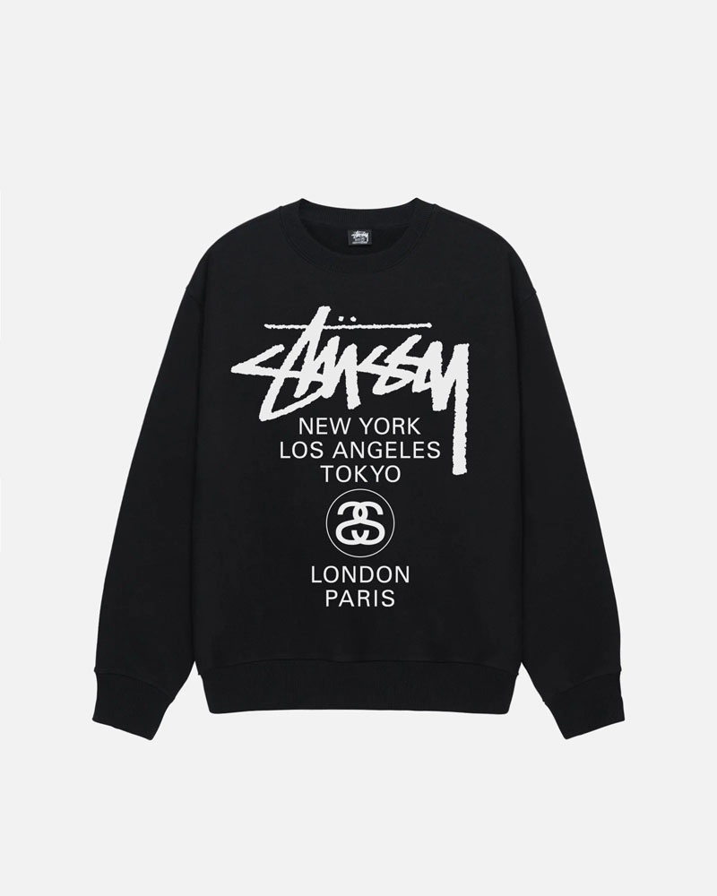 Black Stüssy World Tour Crew Sweatshirt | UAE FLI475036