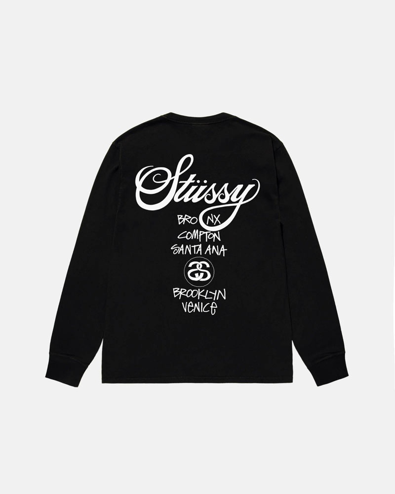 Black Stüssy World Tour LS T-Shirt | UAE BRK170435