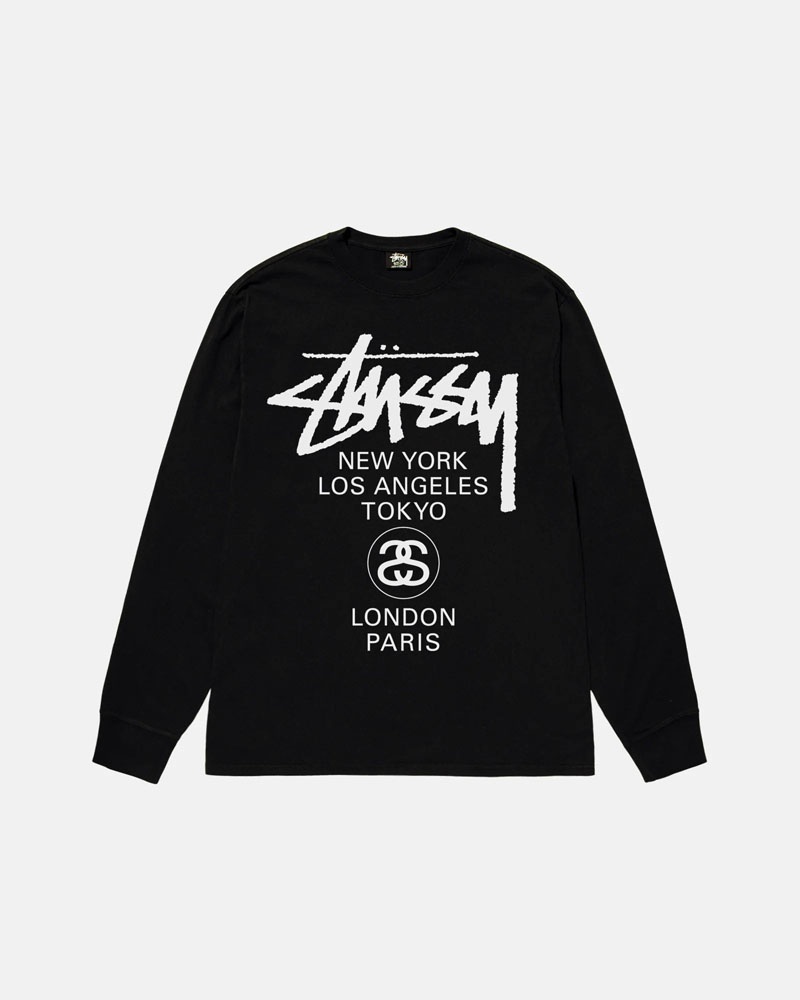 Black Stüssy World Tour LS T-Shirt | UAE BRK170435