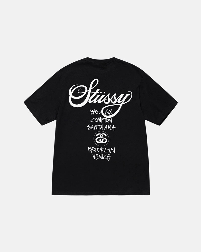 Black Stüssy World Tour T-Shirt | UAE CBL704196