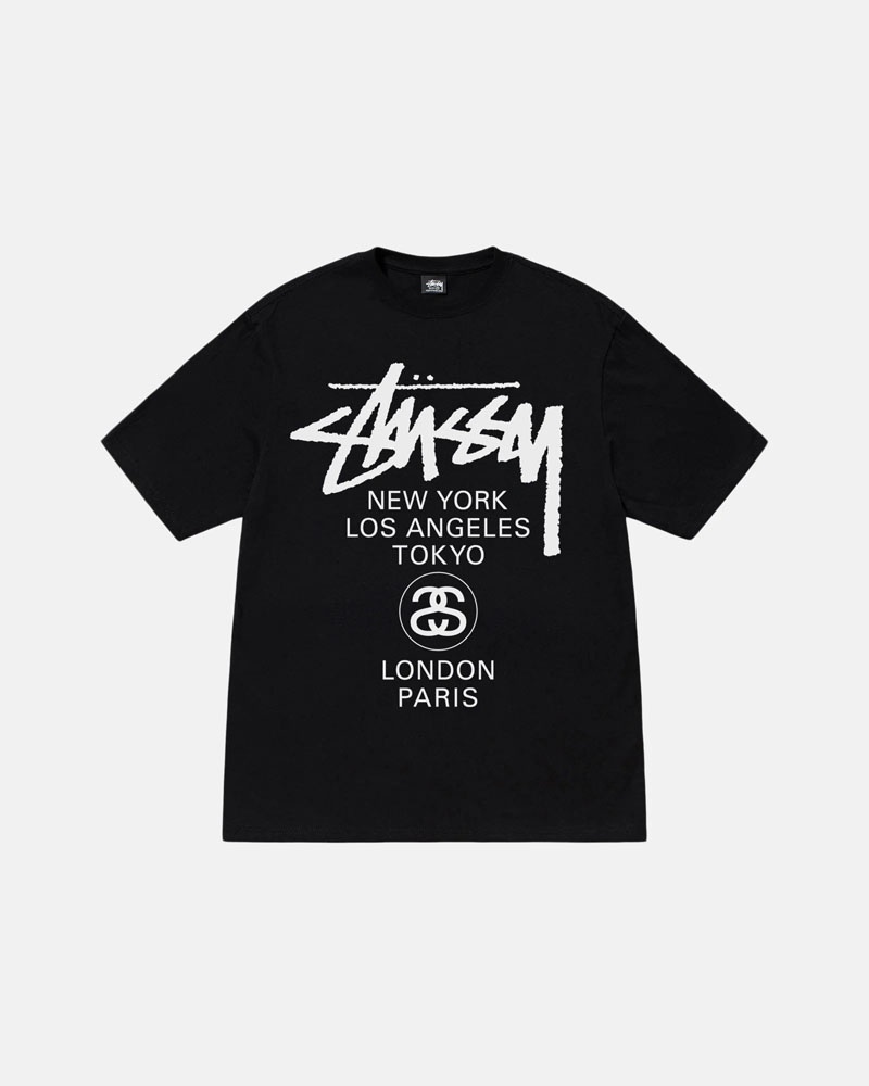 Black Stüssy World Tour T-Shirt | UAE CBL704196