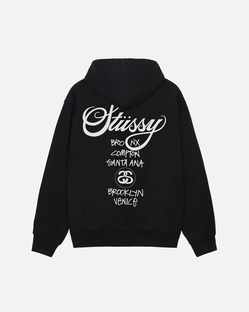 Black Stüssy World Tour Zip Hoodie | UAE FZE701265