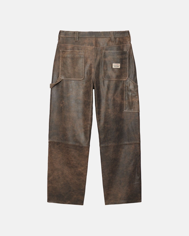 Brown Stüssy Work Distressed Leather Pants | UAE ZML724963