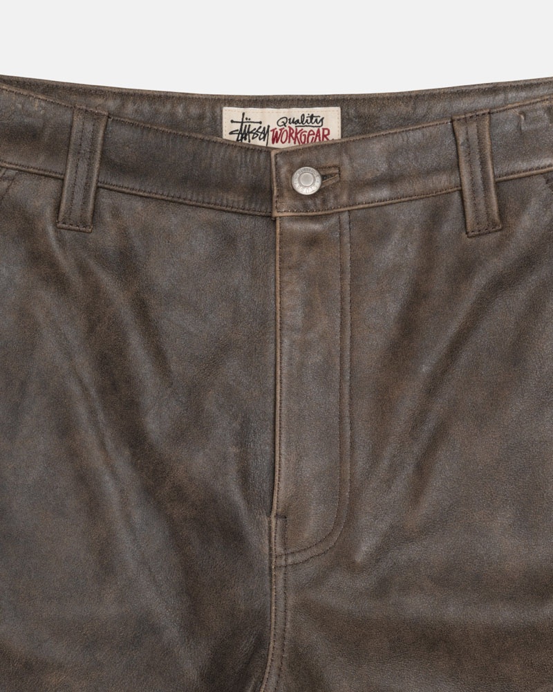 Brown Stüssy Work Distressed Leather Pants | UAE ZML724963