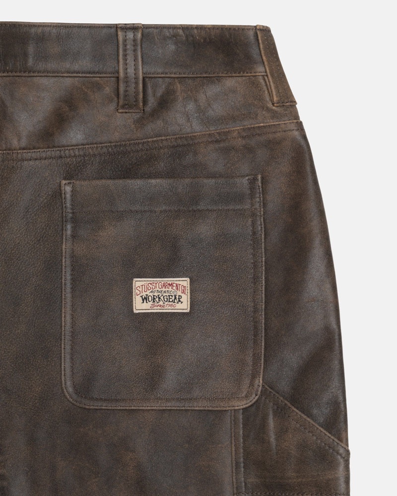 Brown Stüssy Work Distressed Leather Pants | UAE ZML724963