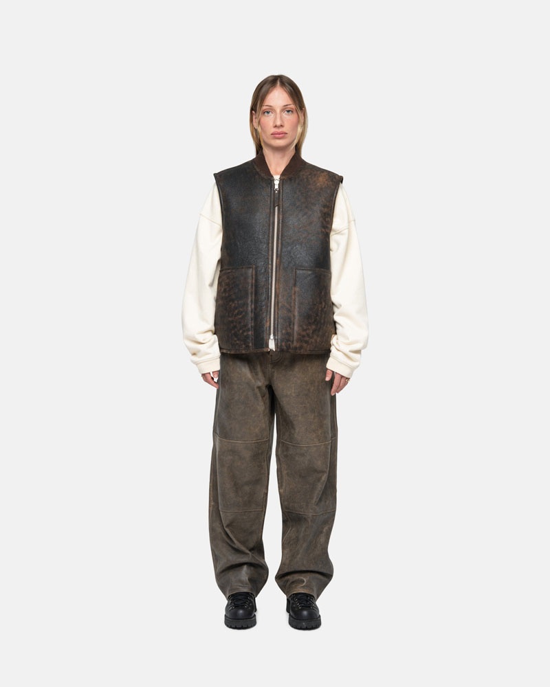 Brown Stüssy Work Distressed Leather Pants | UAE ZML724963