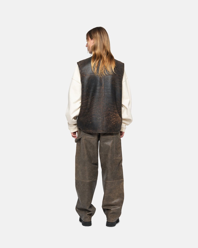 Brown Stüssy Work Distressed Leather Pants | UAE ZML724963