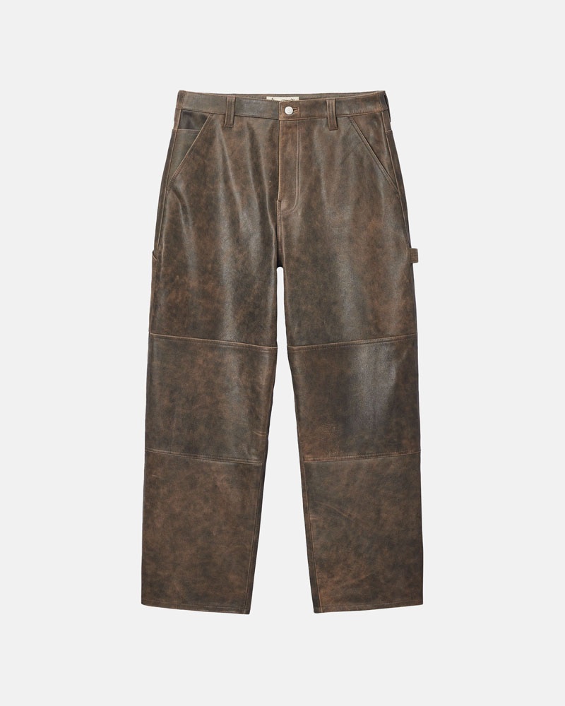 Brown Stüssy Work Distressed Leather Pants | UAE ZML724963