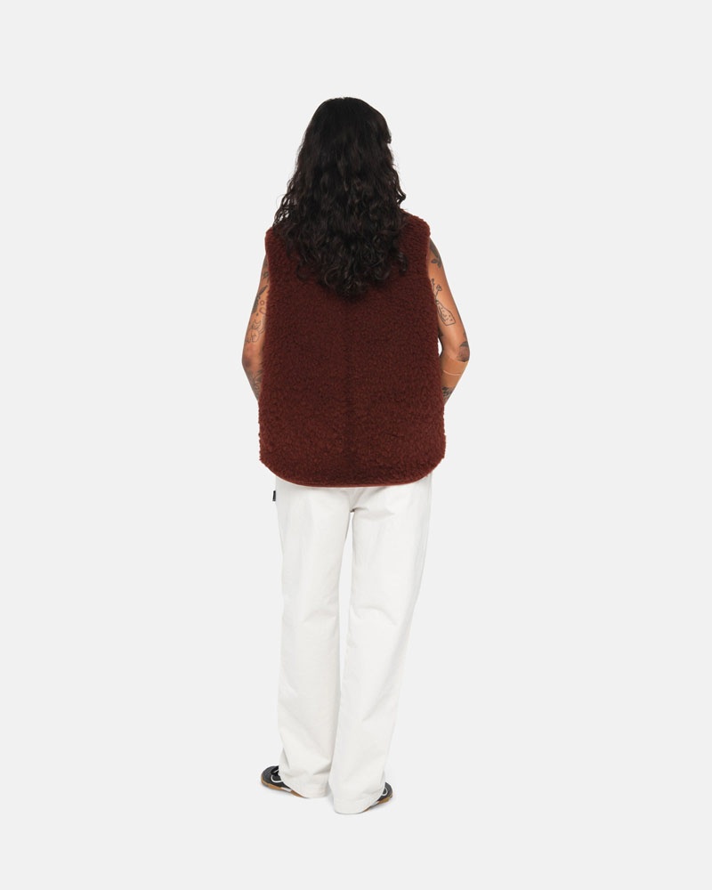 Burgundy Stüssy Reversible Shearling Workgear Vest | UAE LBC093786