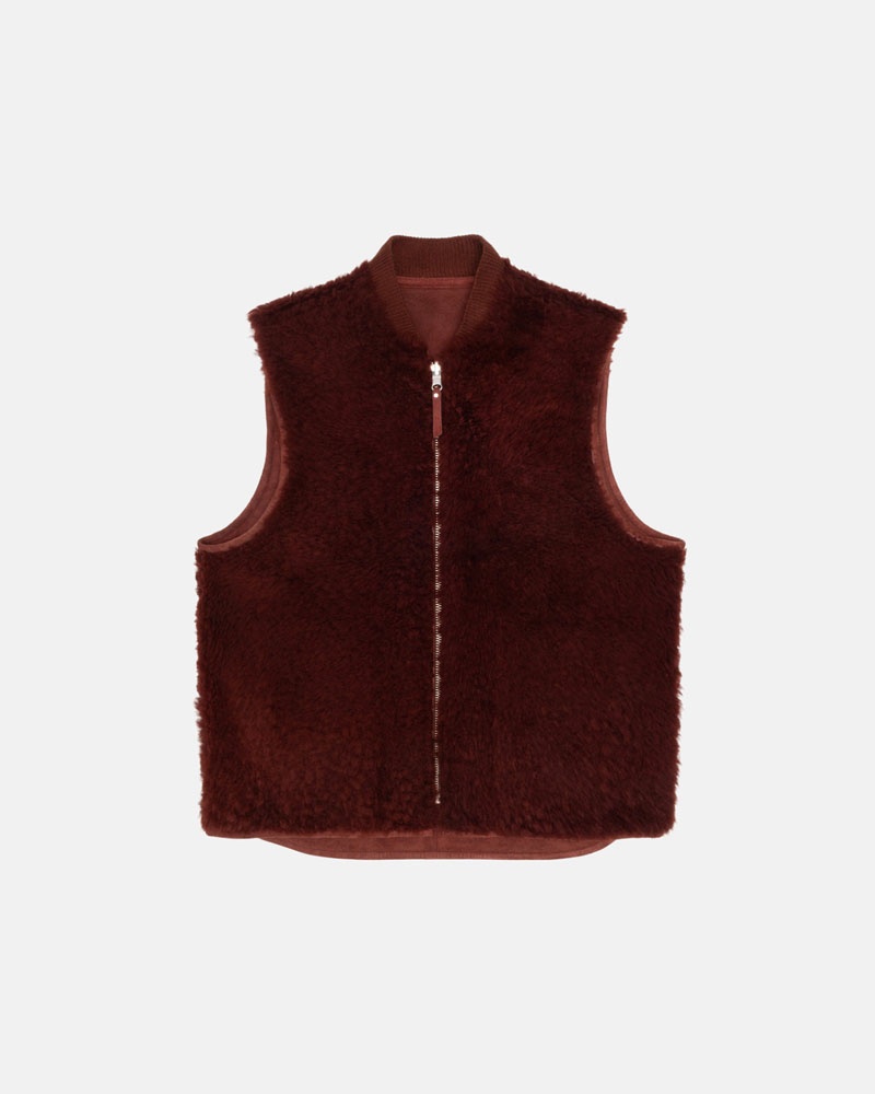 Burgundy Stüssy Reversible Shearling Workgear Vest | UAE LBC093786