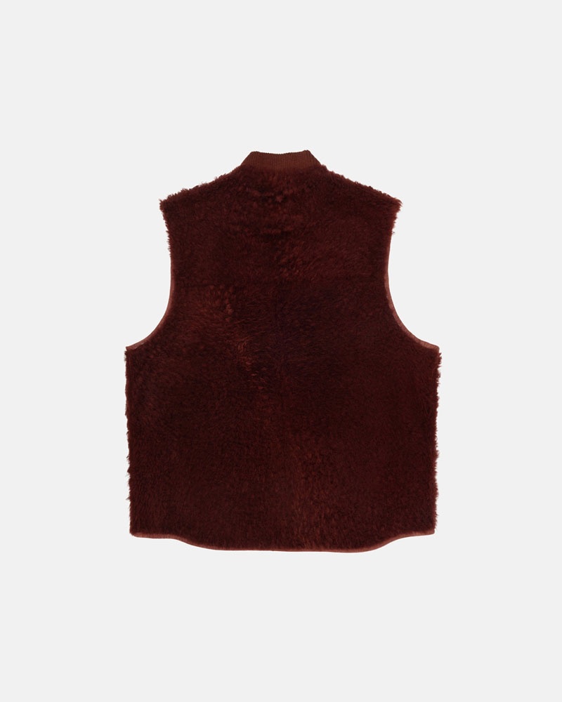 Burgundy Stüssy Reversible Shearling Workgear Vest | UAE LBC093786