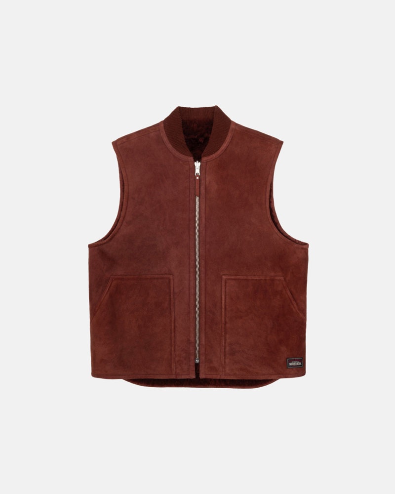 Burgundy Stüssy Reversible Shearling Workgear Vest | UAE LBC093786