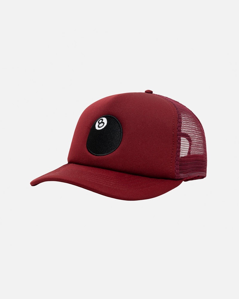 Burgundy Stüssy Trucker 8 Ball Snapback Cap | UAE EXB419870