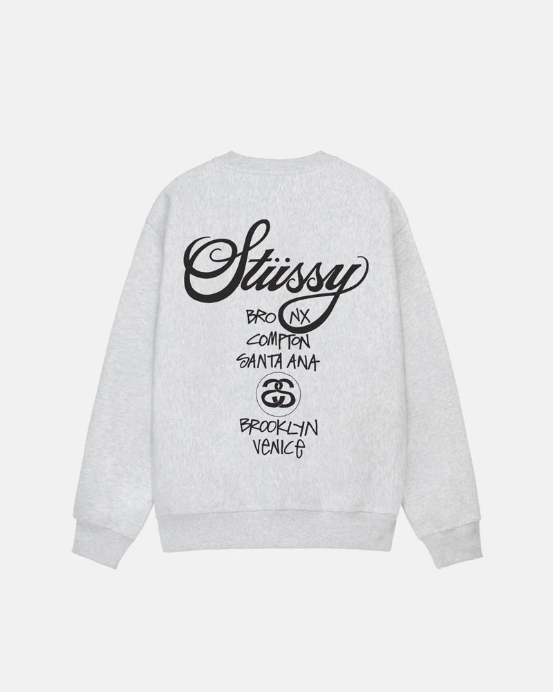 Grey Stüssy World Tour Crew Sweatshirt | UAE DLG408917