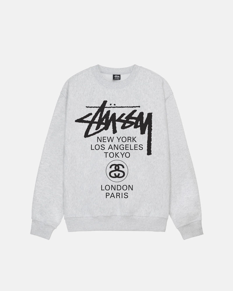 Grey Stüssy World Tour Crew Sweatshirt | UAE DLG408917