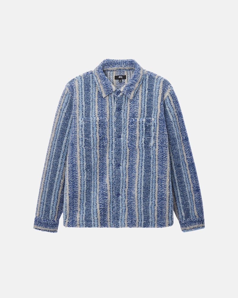 Indigo Stüssy Striped Sherpa Shirts | UAE GIN356417