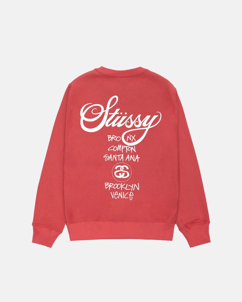 Red Stüssy World Tour Crew Sweatshirt | UAE OBK195208