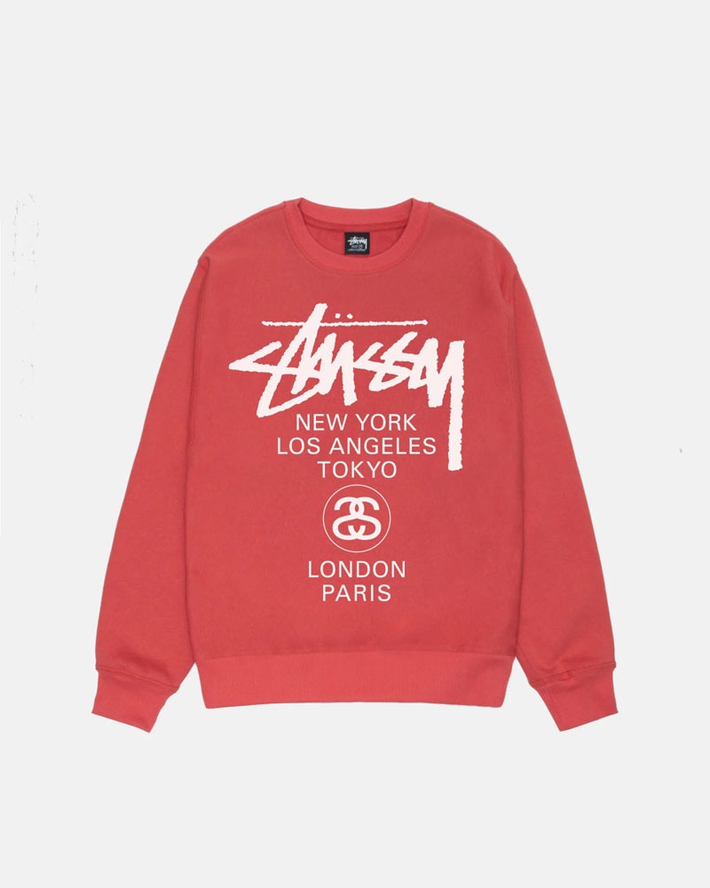 Red Stüssy World Tour Crew Sweatshirt | UAE OBK195208