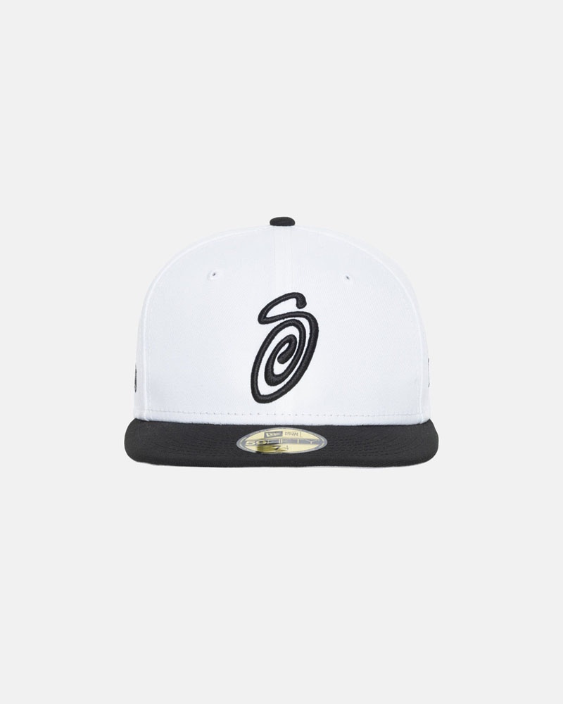 White Black Stüssy New Era 59Fifty Curly S Cap | UAE BOM047196