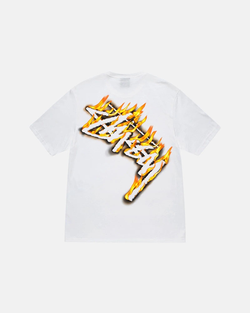 White Stüssy Burning Stock T-Shirt | UAE DRN586293