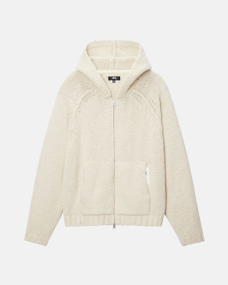 White Stüssy Chunky Knit Zip Hoodie | UAE MAP451023