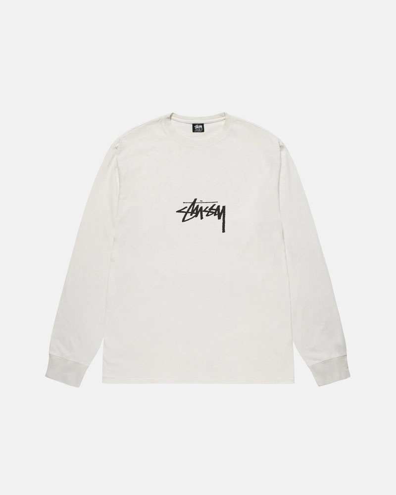 White Stüssy Small Stock LS Pigment Dyed T-Shirt | UAE KBQ214850