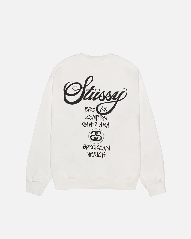 White Stüssy World Tour Crew Pigment Dyed Sweatshirt | UAE WMB374958