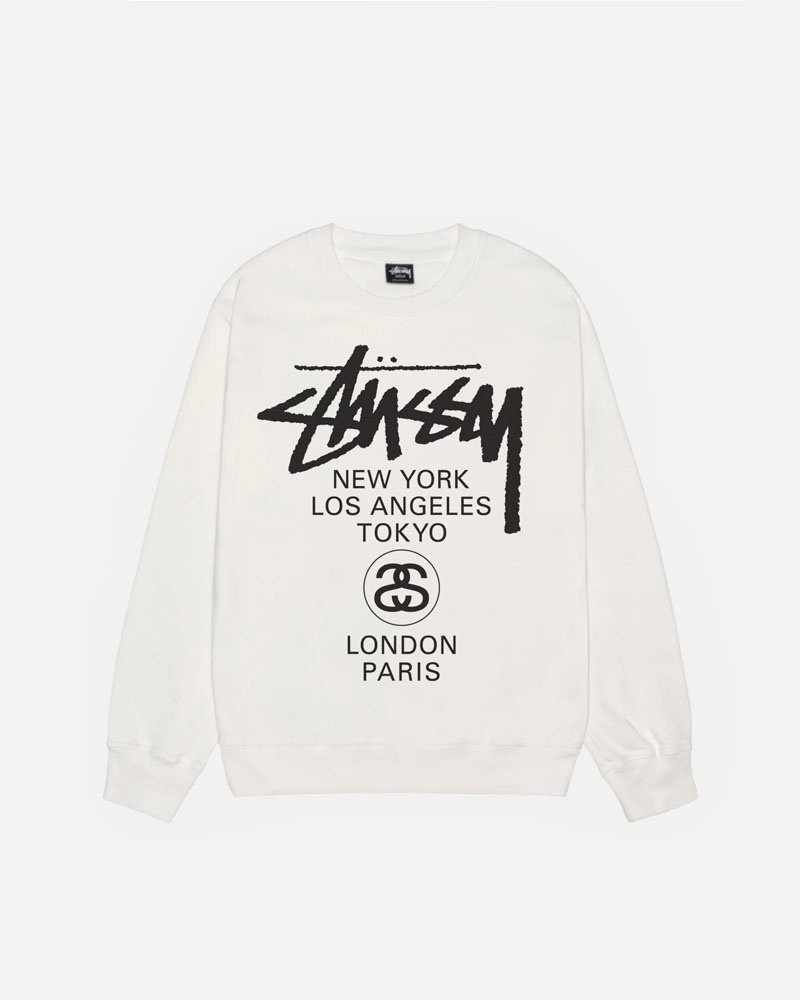 White Stüssy World Tour Crew Pigment Dyed Sweatshirt | UAE WMB374958