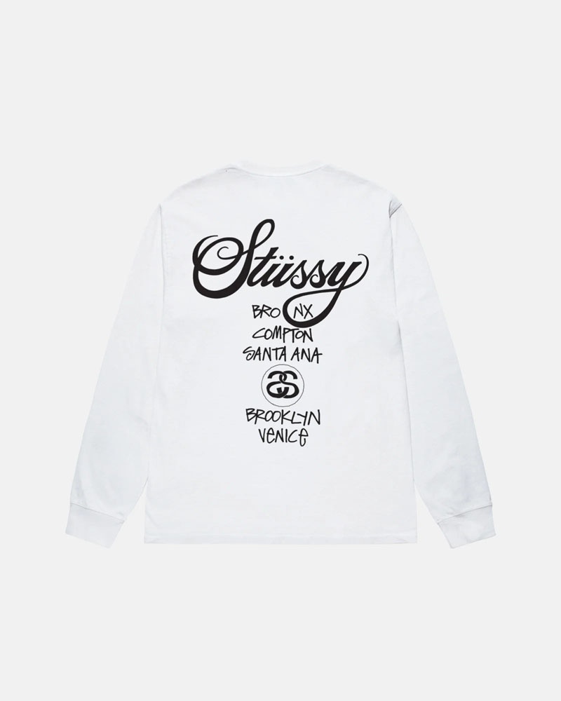 White Stüssy World Tour LS T-Shirt | UAE EVI972601