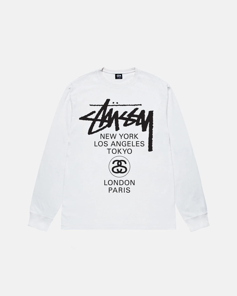 White Stüssy World Tour LS T-Shirt | UAE EVI972601